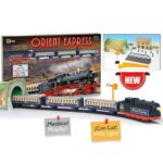 Tren ORIENT EXPRES din metal cu lumin, statie, pod si tunel.PEQUETREN
