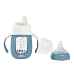 Sticla pentru a invata sa bea 2in1 Learning Bottle 210ml cu husa din silicon albastru de la 4 luni Beaba