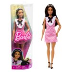 Papusa Barbie Fashionista cu par negru si o rochie in carouri MATTEL