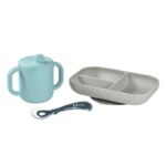 Set de masa cu cana si lingurita Silicone learning set de la 8 luni albastru