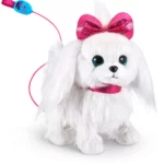 Jucarie interactiva cu sunete Catelusa alba cu fundita roz si lesa Pets Alive Zuru