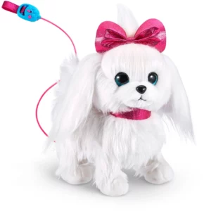 Jucarie interactiva cu sunete Catelusa alba cu fundita roz si lesa Pets Alive Zuru