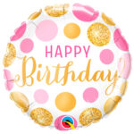 Balon Folie Happy Birthday cu Buline Roz Auriu 45cm Folat